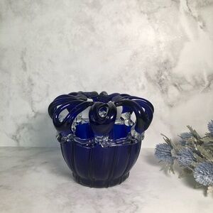 Rare Cobalt Blue Hand Blown Glass Vase with an Applied Blue Glass Flower Top